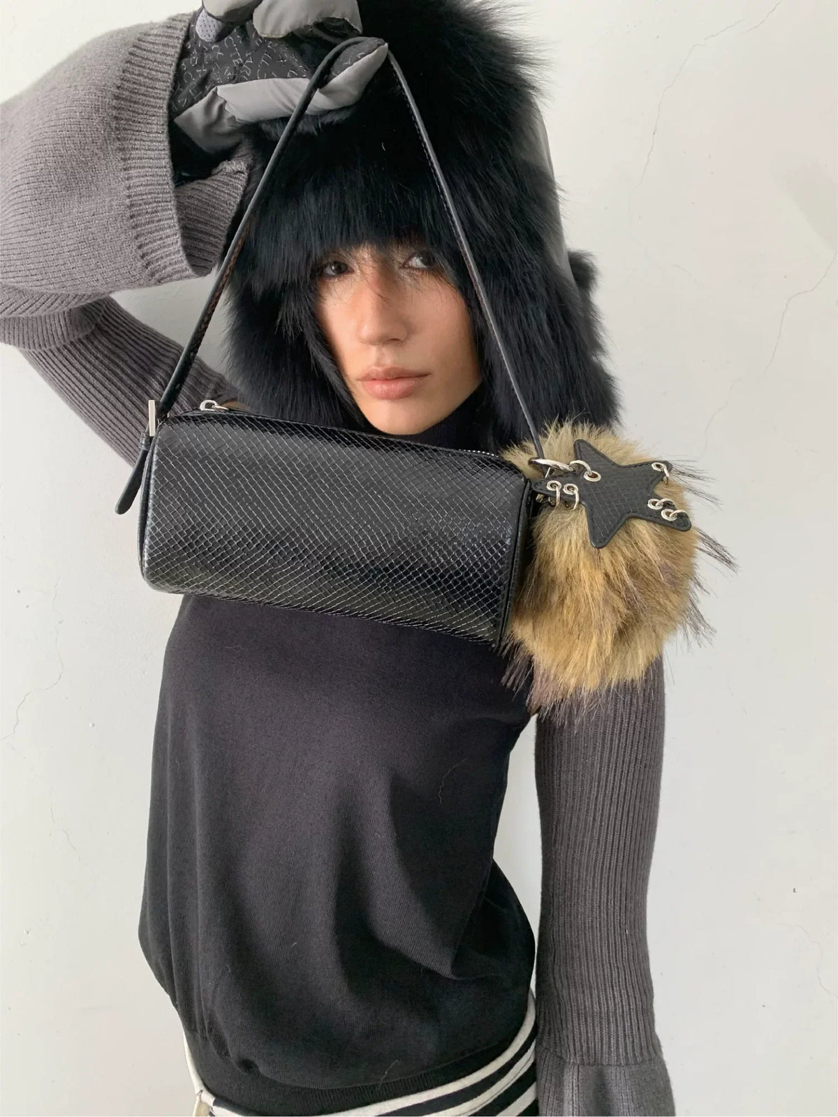 Faux-Fur Star Cylinder Shoulder Bag