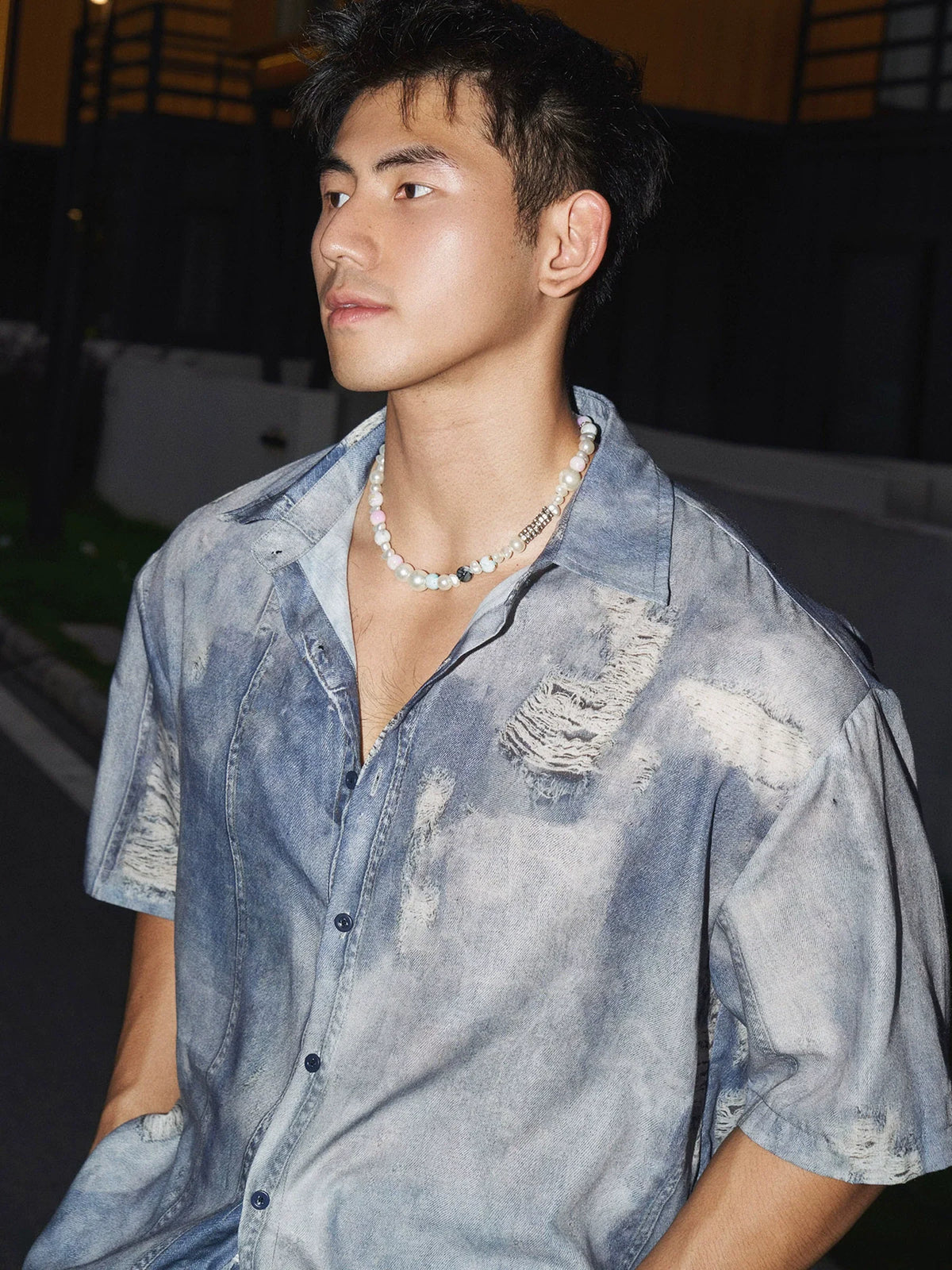 Distressed Denim Button Down Shirt