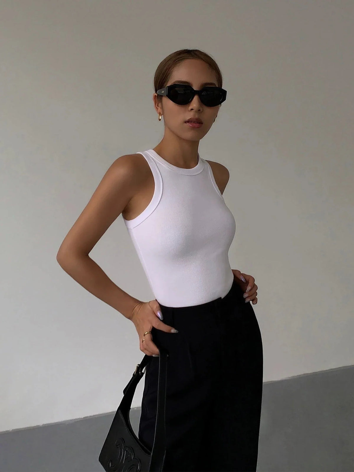 Summer Black Knitted Spaghetti Strap Tank Top