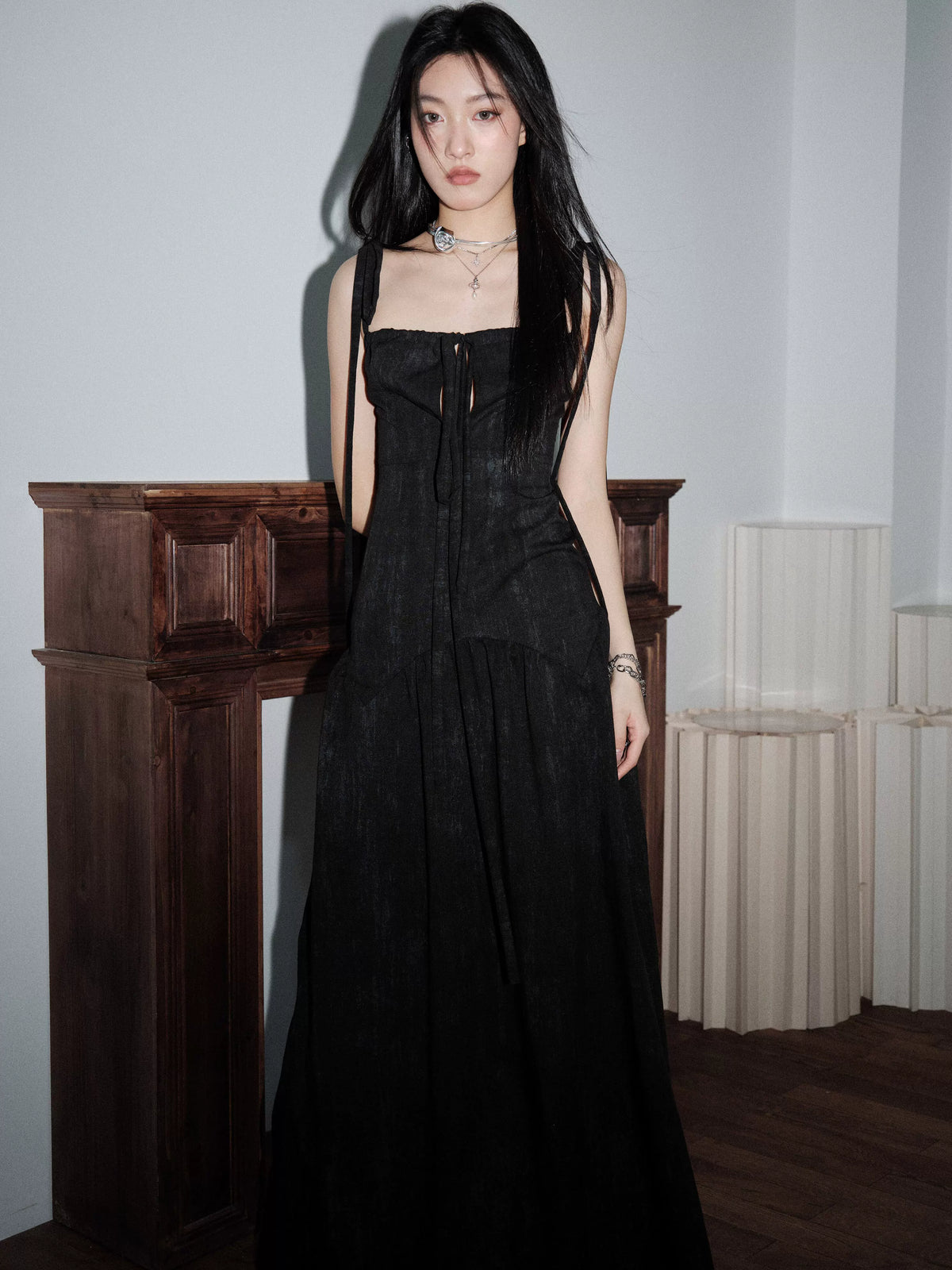 Black Ribbon-Strap Corset Maxi Dress