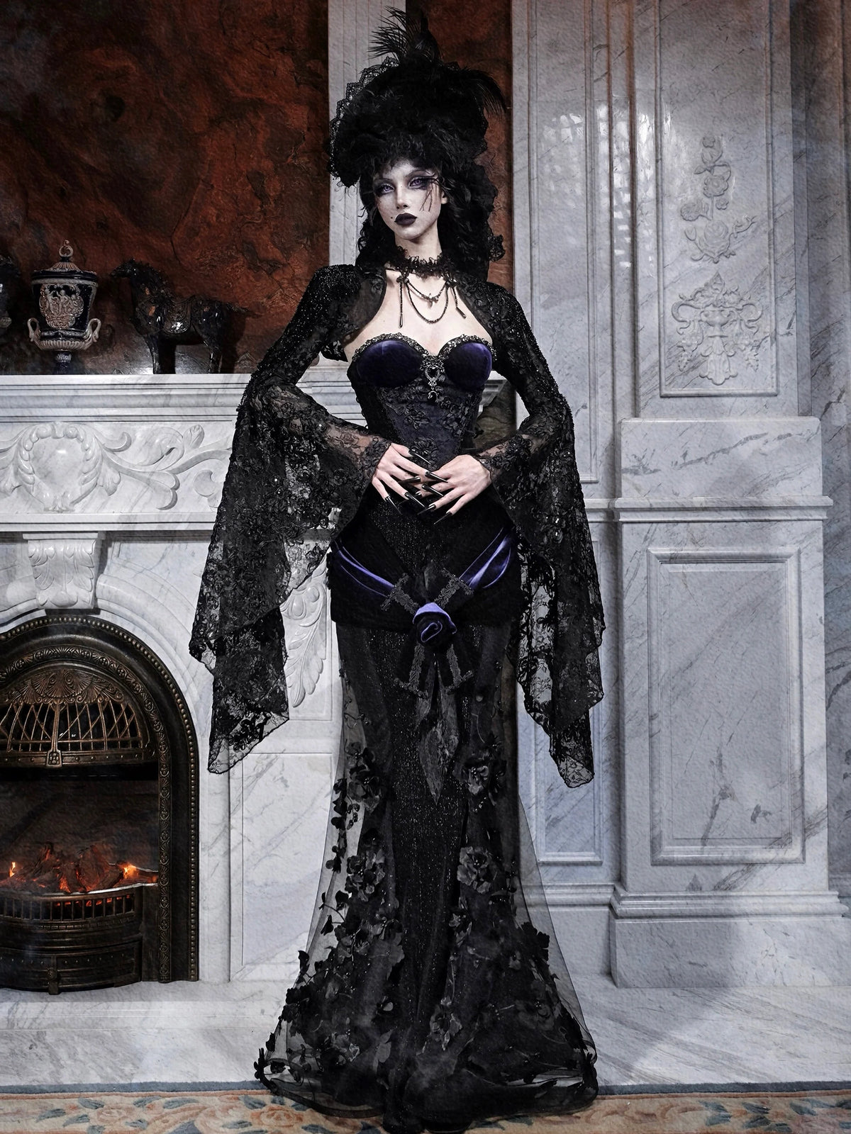 Gothic Black Velvet and Sheer Floral Mermaid Skirt