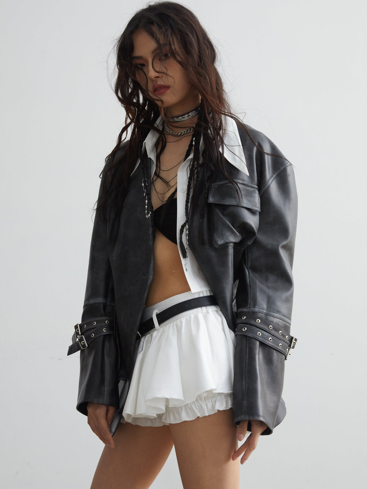 JNYLON STUDIOS Black Collarless PU Jacket with 3D Pockets