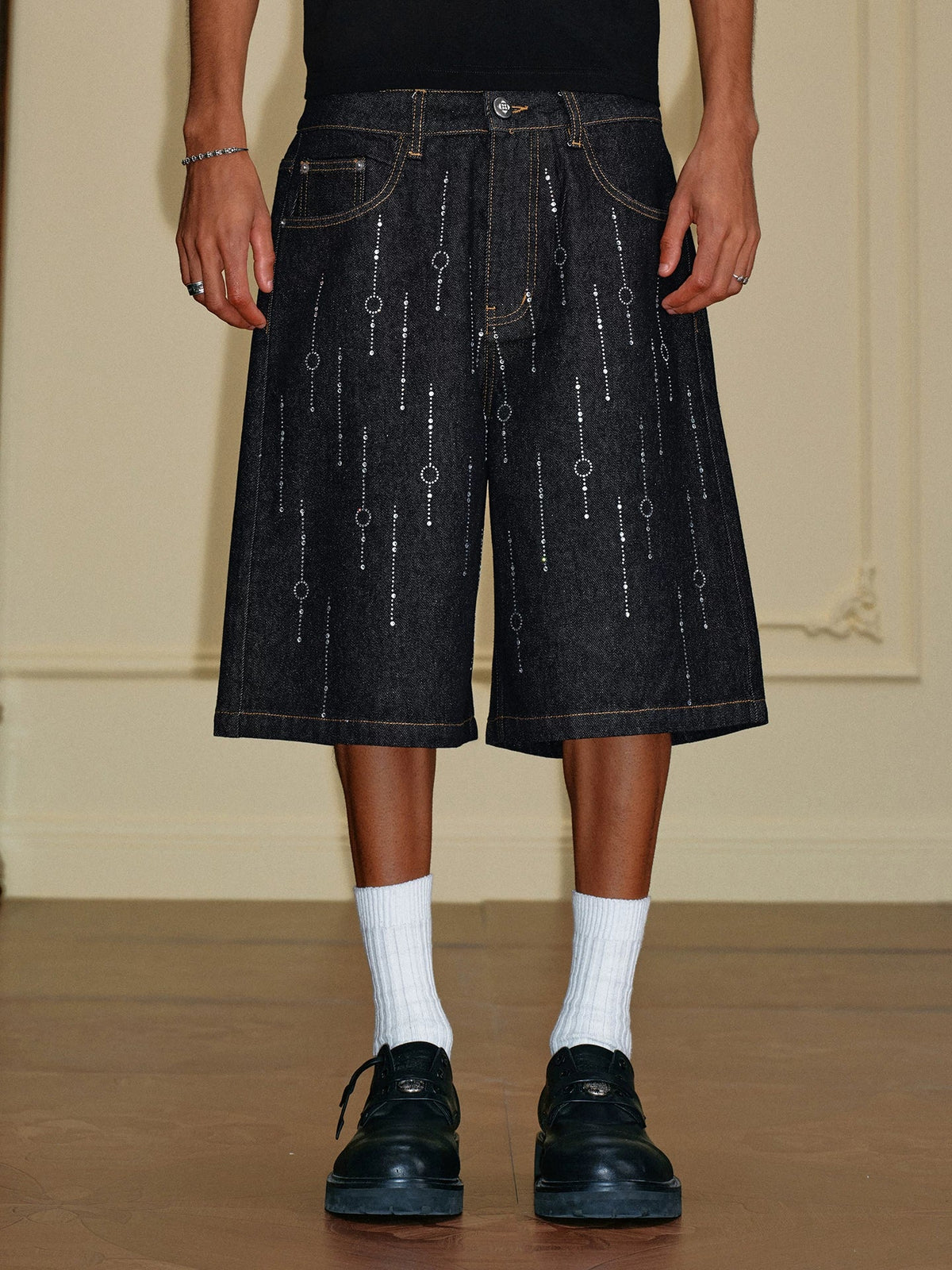 Crystal Embellished Wide Leg Denim Shorts