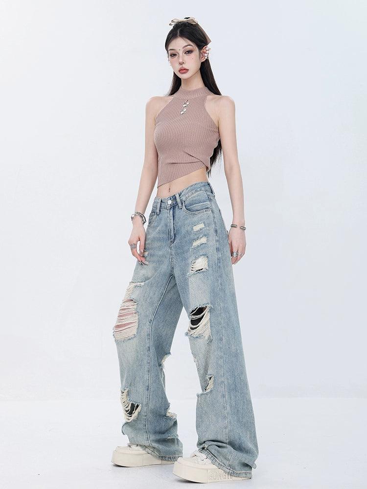 ABWEAR Blue High-Waist Distressed Wide-Leg Jeans