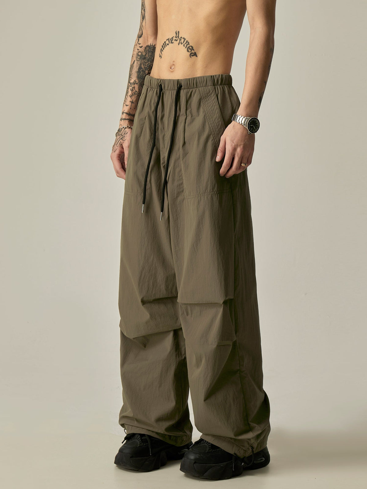 Beige Relaxed Drawstring Track Pants