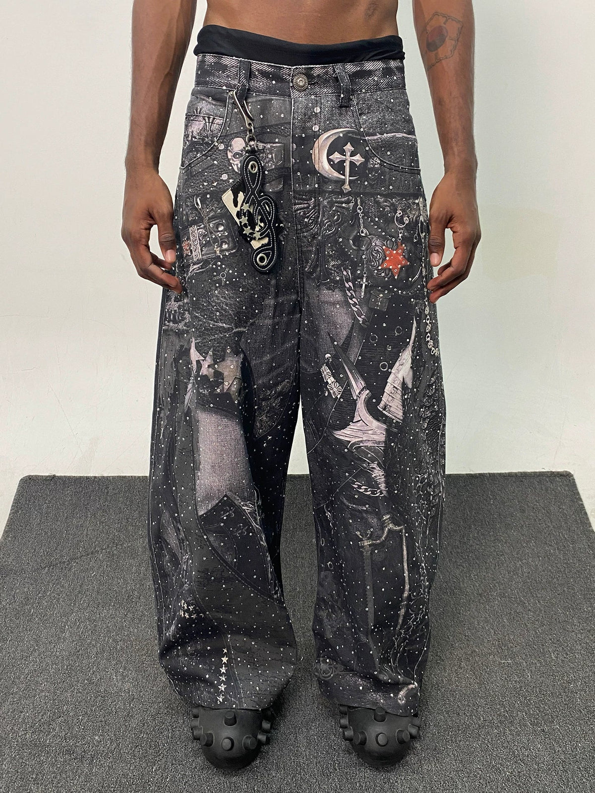Gothic Collage Print Wide Leg Jeans