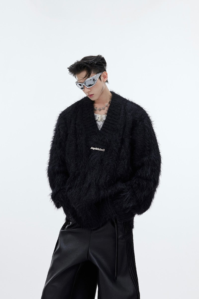 Shaggy Faux-Fur V-Neck Sweater