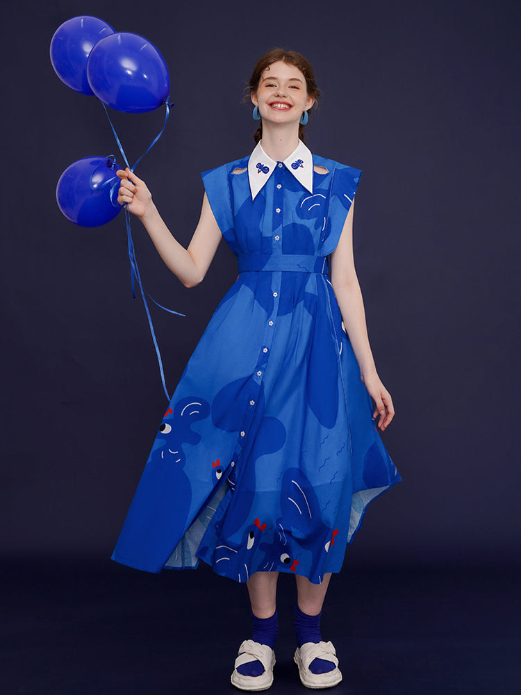 Camoooni Blue Bird Print Collared Dress