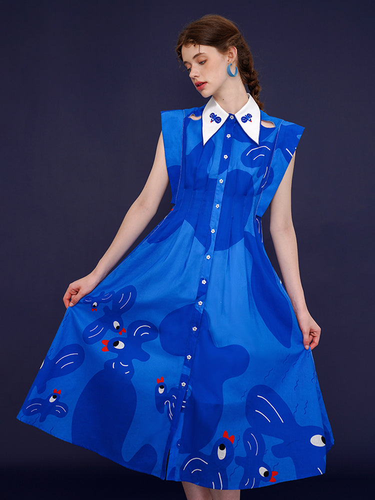 Camoooni Blue Bird Print Collared Dress