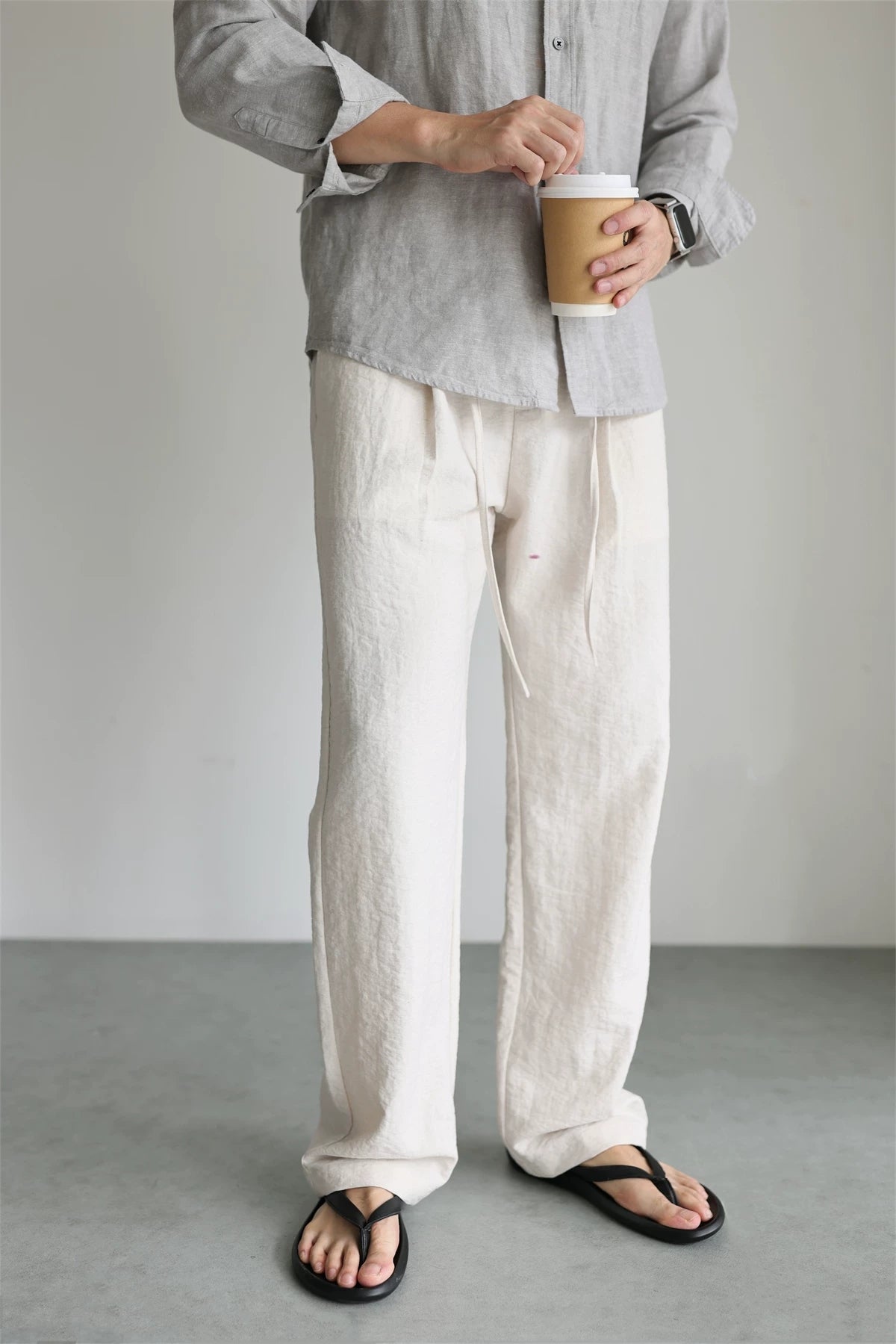 Linen-Blend Drawstring Straight-Leg Pants