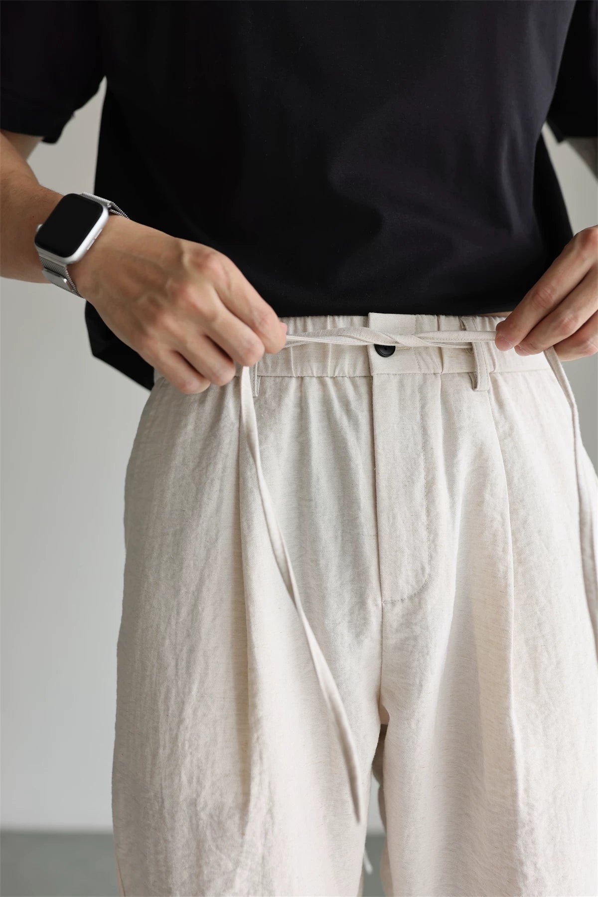 Linen-Blend Drawstring Straight-Leg Pants