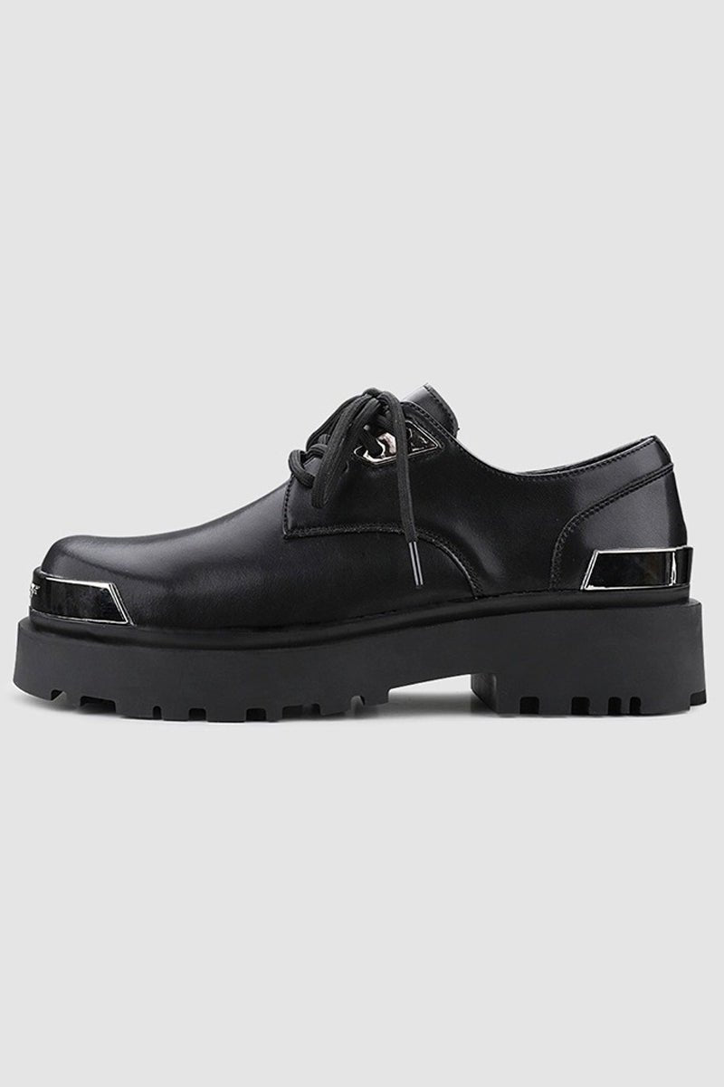Black Platform Derby Shoes with Silver Metal Toe Cap