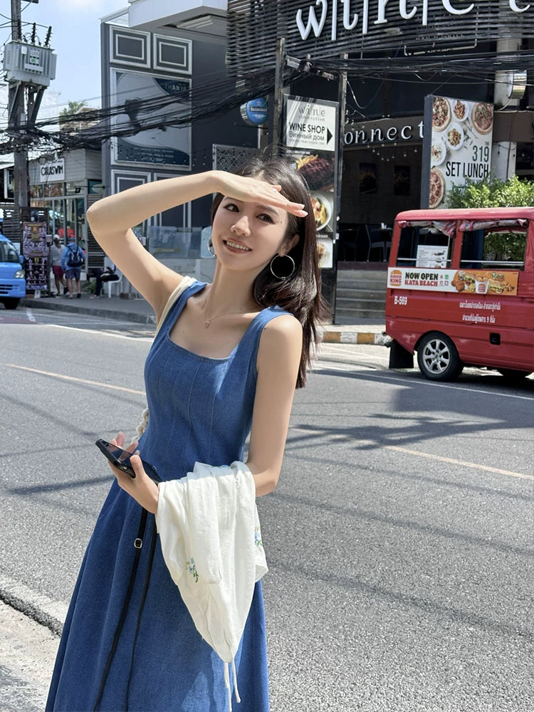 Blue Denim Square-Neck Maxi Dress