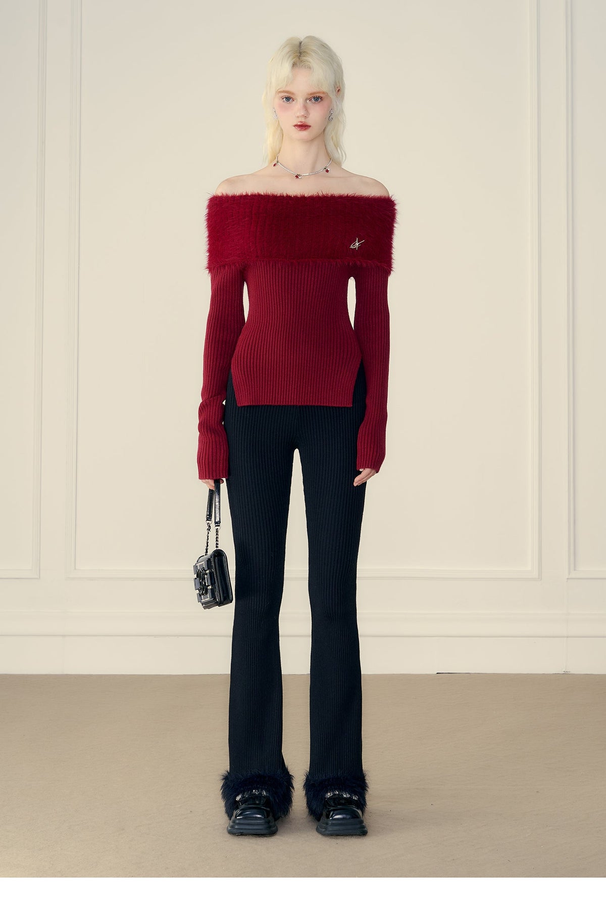 Thick Off-Shoulder Mink Cashmere Knit Sweater