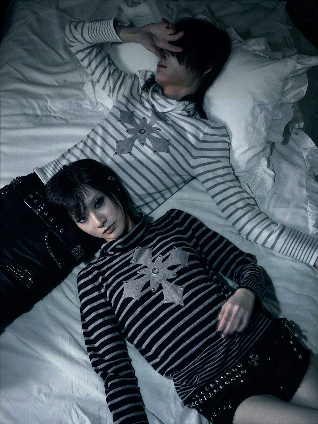 Studded Cross Striped Turtleneck Sweater