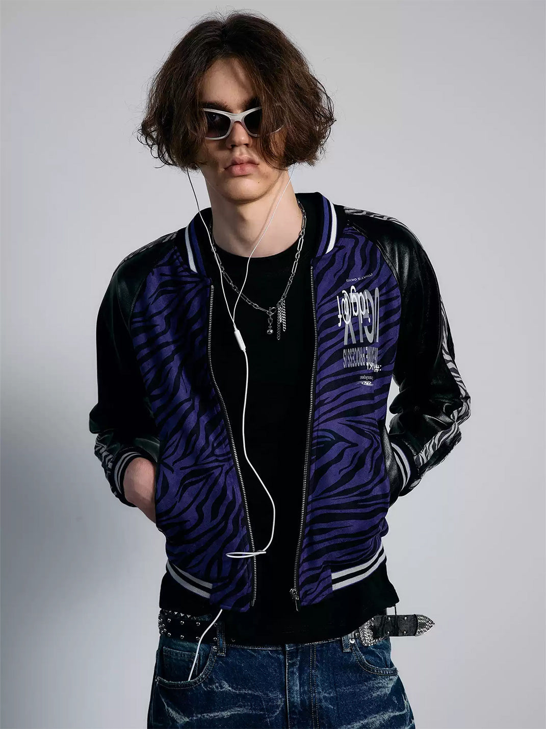 Violet Zebra Contrast-Sleeve Varsity Jacket