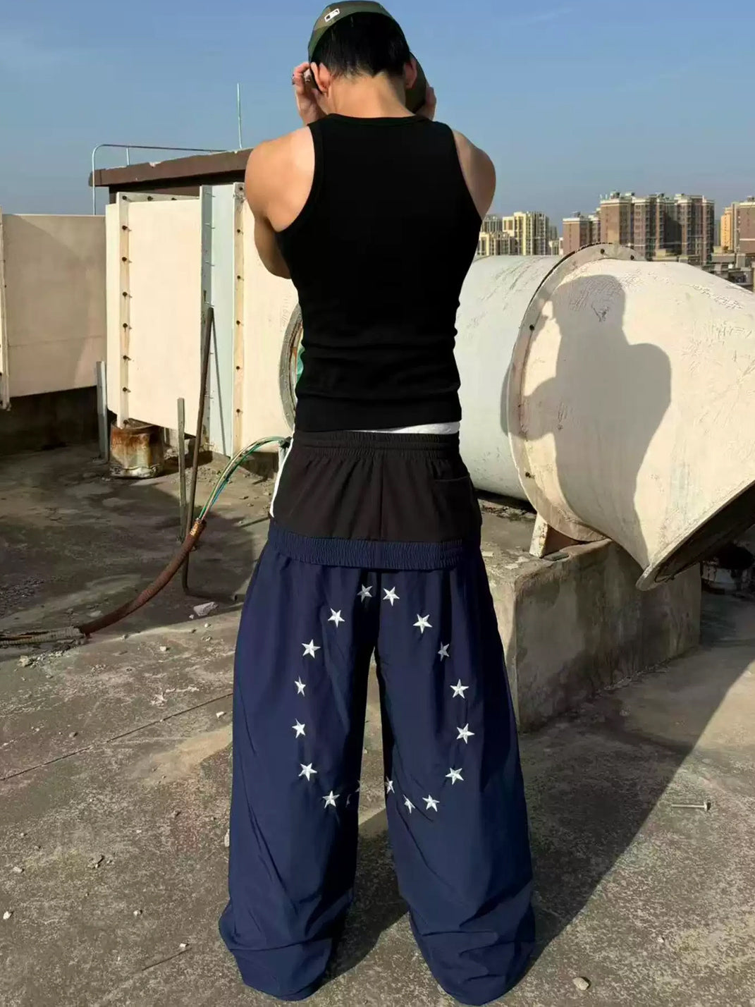 Navy Star Circle Double Waist Sweatpants